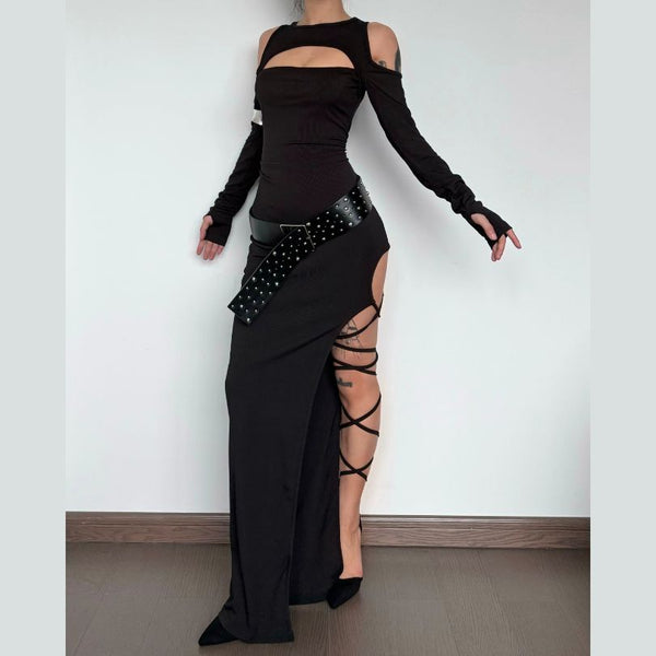 Long sleeve off shoulder hollow out maxi dress