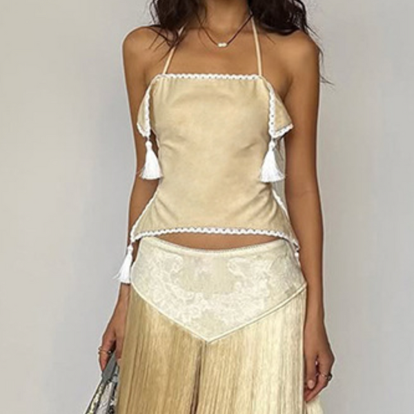 Self tie halter lace hem square neck backless top