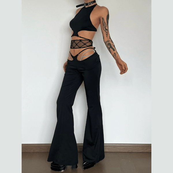 Halter hollow out solid backless pant set