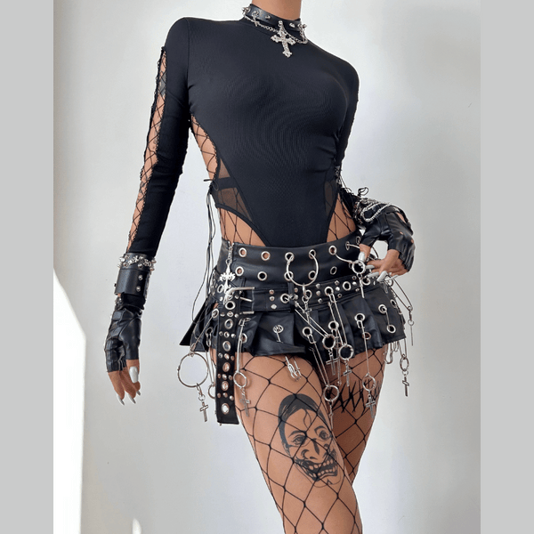 High neck long sleeve hollow out mesh bodysuit