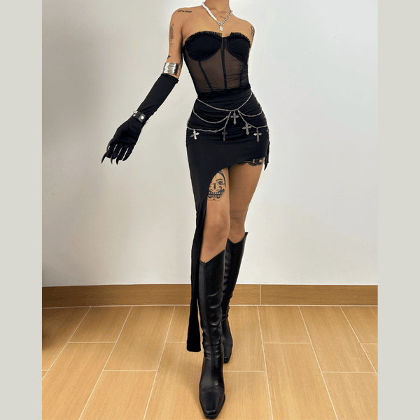 Irregular ruffle ruched tube mini skirt set