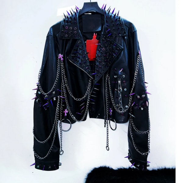 Long sleeve metal chain turnover collar zip-up o ring top