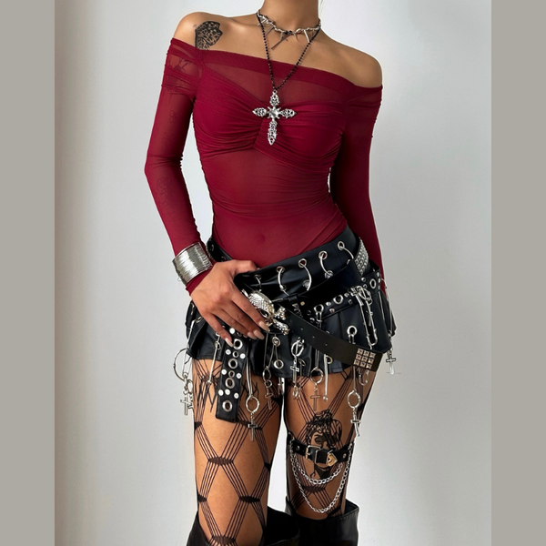 Long sleeve off shoulder mesh patchwork ruched mesh top