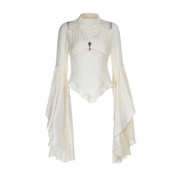 Long flared sleeve v neck ruched solid top