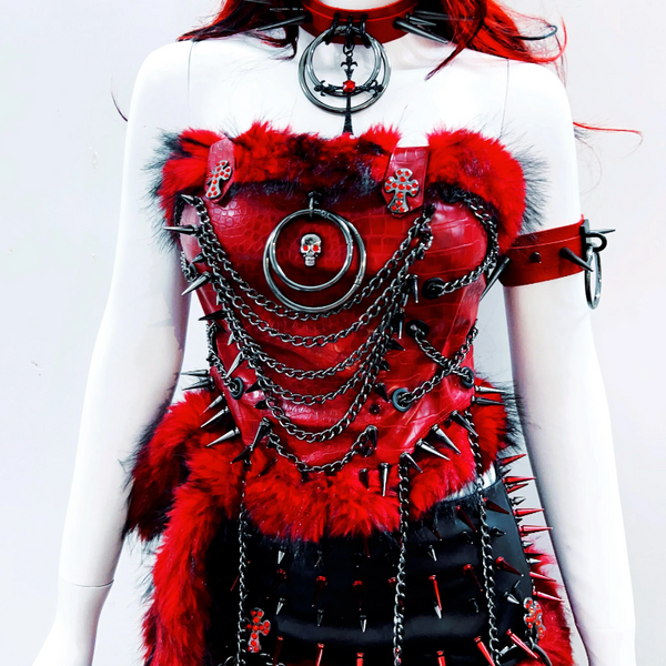 Metal chain o ring fluffy PU leather tube top