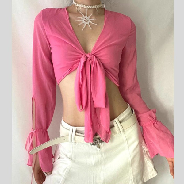 V neck self tie front chiffon long sleeve crop top fairycore Ethereal Fashion