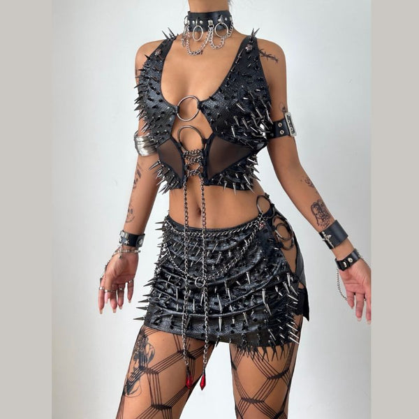 Metal chain o ring rivet applique mini skirt set