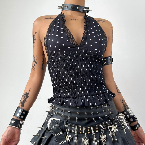 Lace hem polka dot halter self tie v neck top