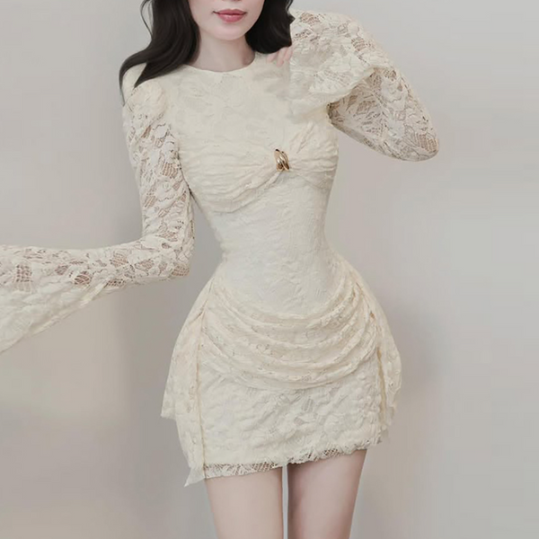 Crewneck long flared sleeve lace ruched mini dress