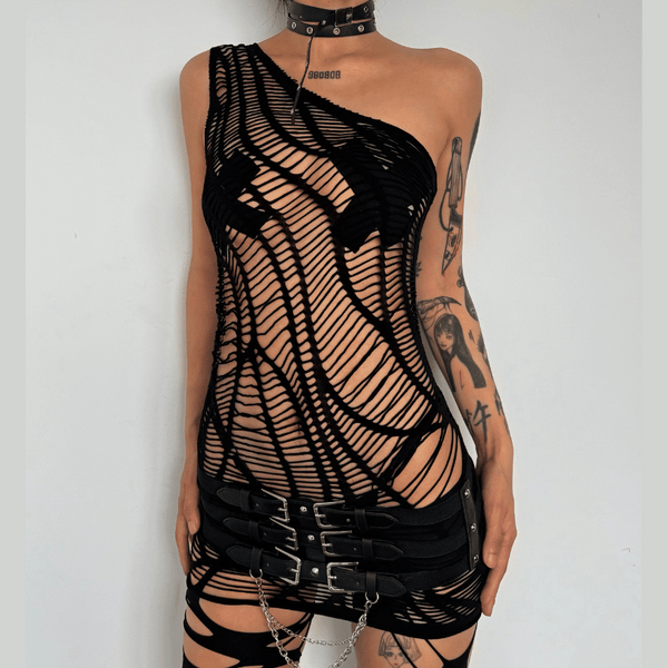 One shoulder irregular spider web mini dress