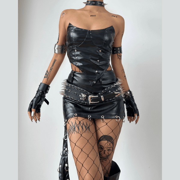 Irregular o ring PU leather hollow out mini skirt