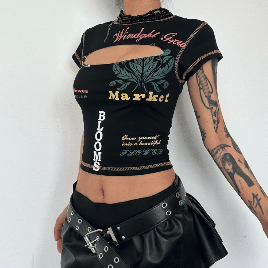 Contrast print short sleeve stitch hollow out crewneck crop top