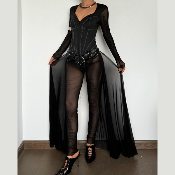 Long sleeve stitch mesh zip-up jumpsuit