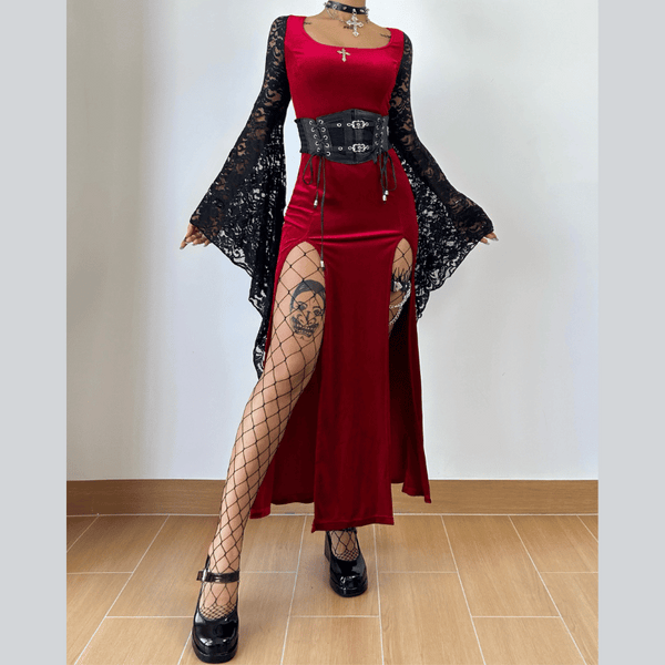 Long flared sleeve lace square neck slit midi dress