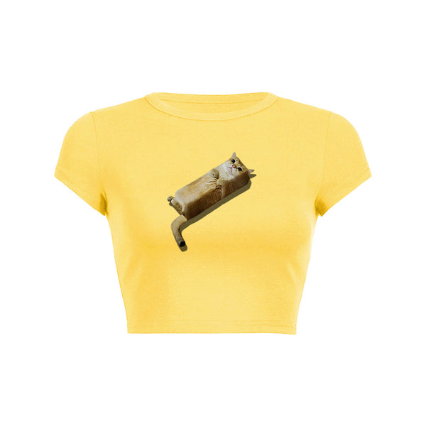 Bread cat print crop top baby tee