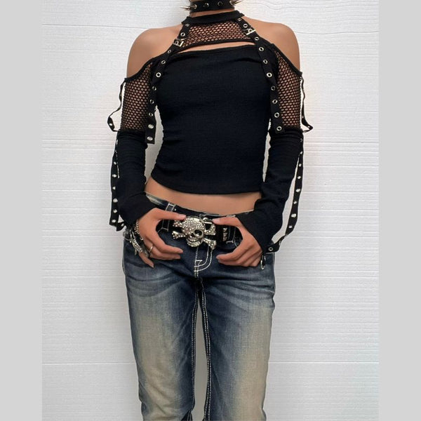 Off shoulder long sleeve fishnet patchwork buckle top