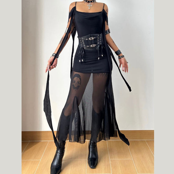 Mesh irregular backless cami maxi dress