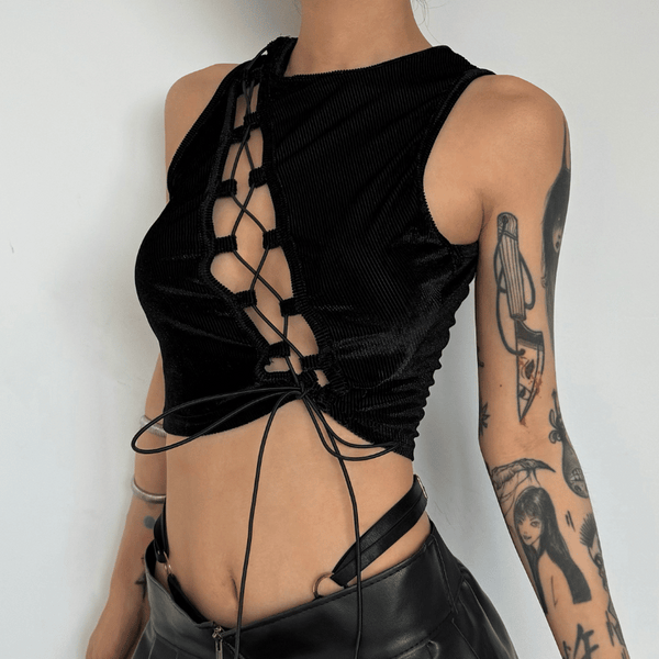 Crewneck lace up sleeveless ribbed crop top goth Alternative Darkwave Fashion goth Emo Darkwave Fashion