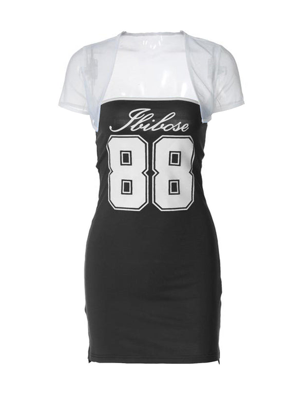 Short sleeve shrug "88" print tube mini dress