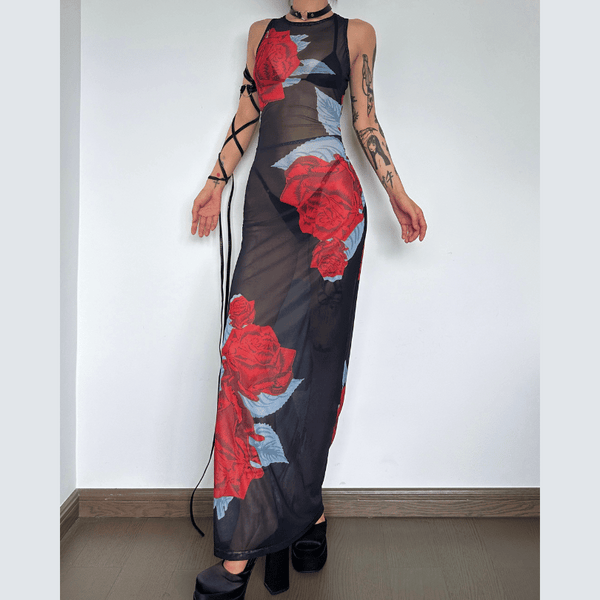 Sleeveless flower print mesh see through maxi dress