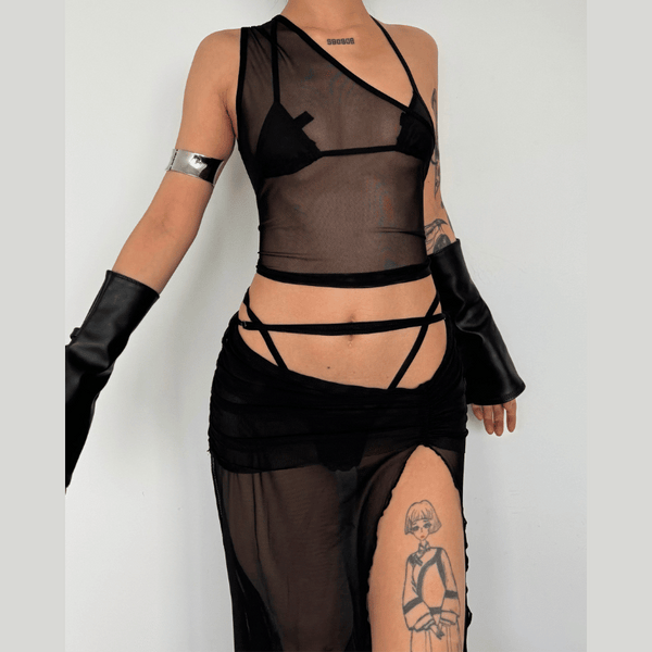 One shoulder high slit ruffle sheer mesh maxi skirt set