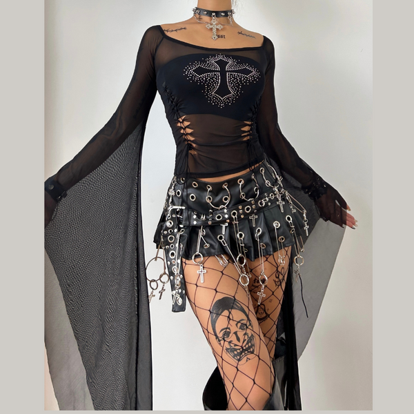 Long flared sleeve mesh off shoulder beaded top