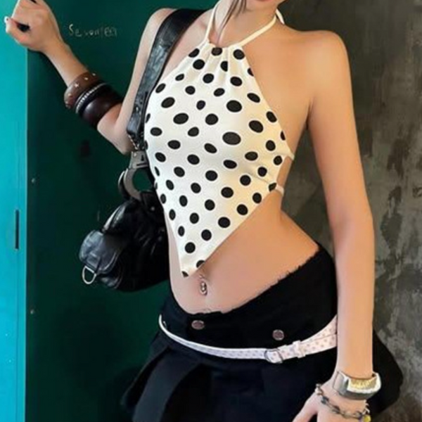 Polka dot halter self tie backless contrast top