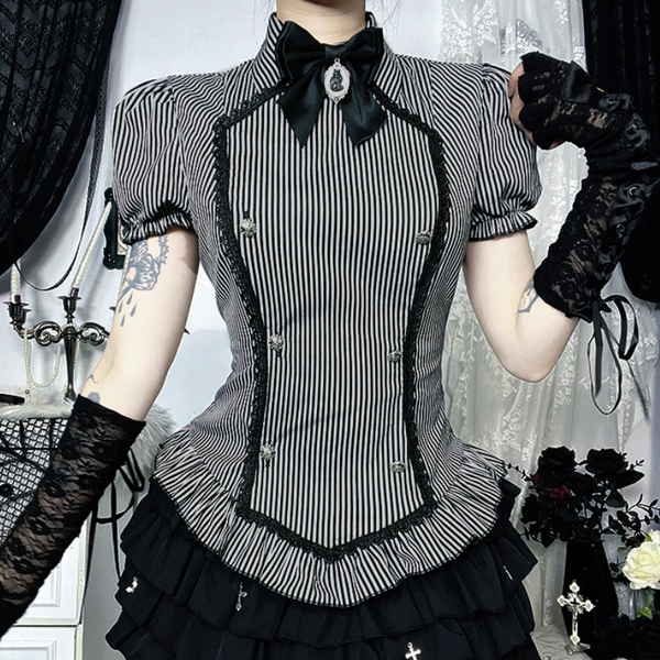 Bowknot striped ruffle short sleeve top