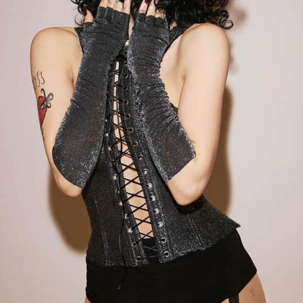 Lace up glitter gloves top