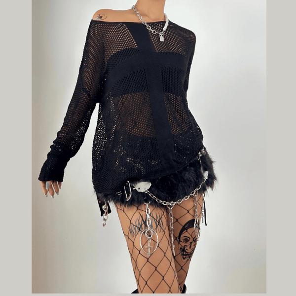 Long sleeve hollow out cross pattern top