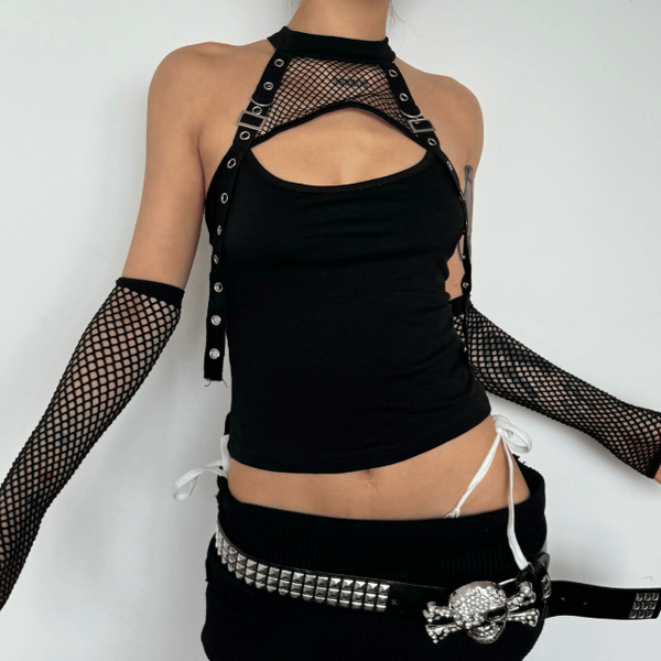 Fishnet gloves patchwork hollow out top