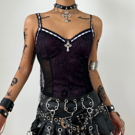 Lace v neck self tie cross applique cami top