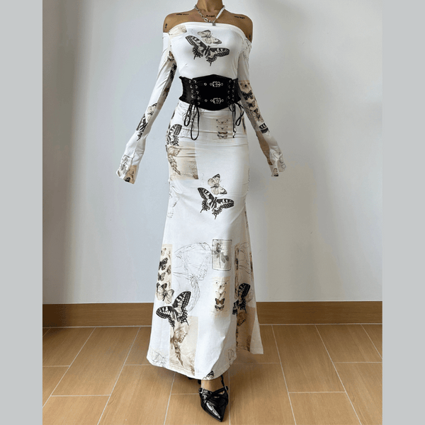 Long sleeve butterfly print off shoulder ruched maxi dress