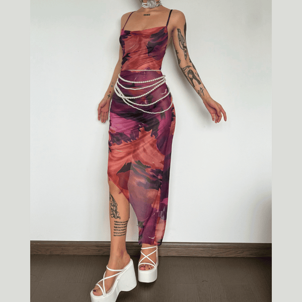 Sheer mesh cross back ruched print irregular cami midi dress