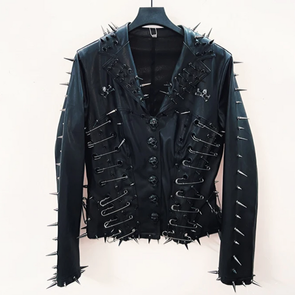 Long sleeve turnover collar PU leather skull applique top