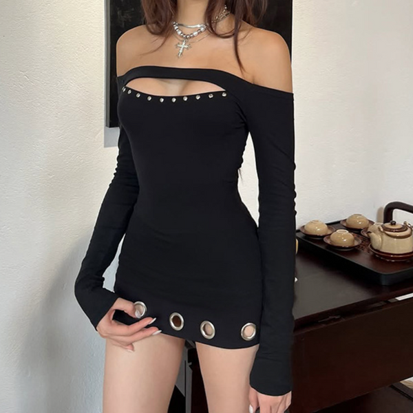 Off shoulder long sleeve hollow out mini dress