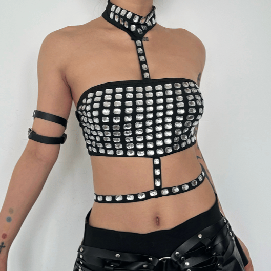 Beaded contrast halter hollow out backless crop top