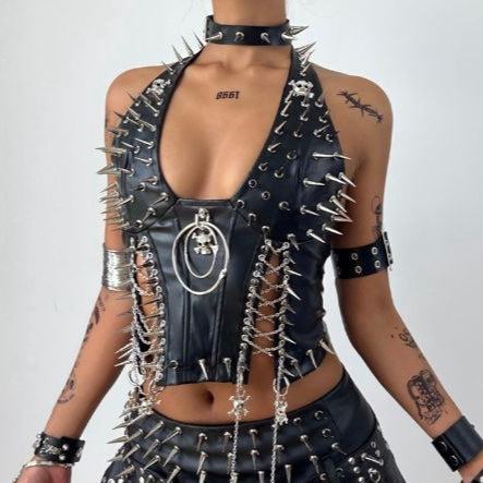 Rivet halter PU leather skull applique leg warmer top