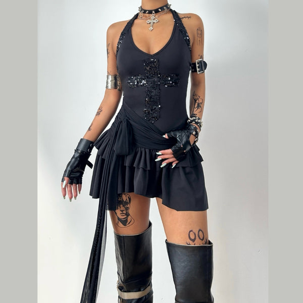 Glitter halter self tie v neck solid mini dress