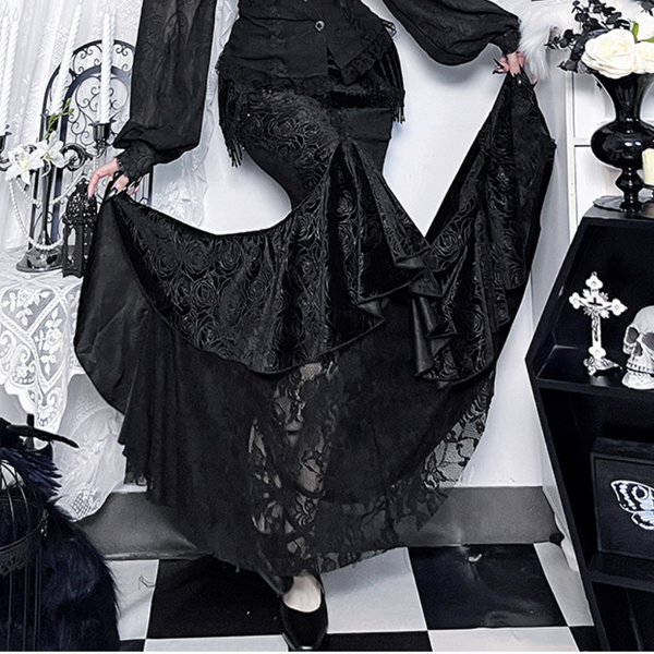 Velvet lace hem tassels maxi skirt