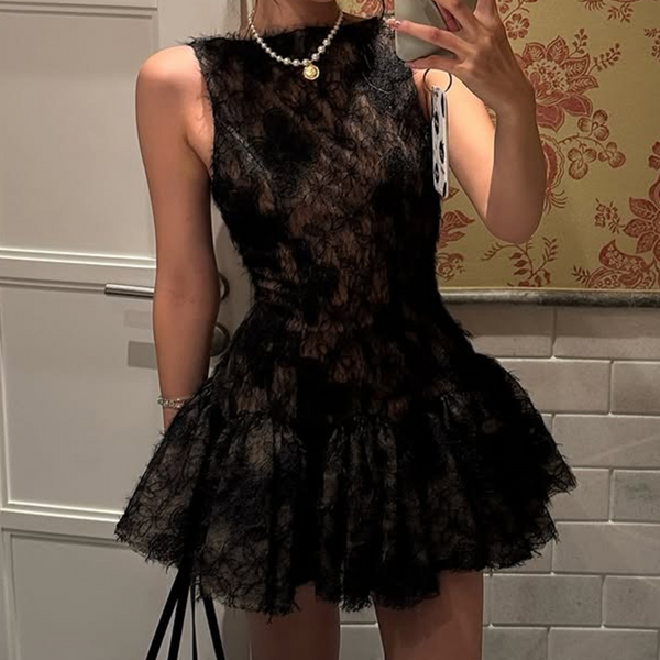 Lace backless bowknot ruffle mini dress
