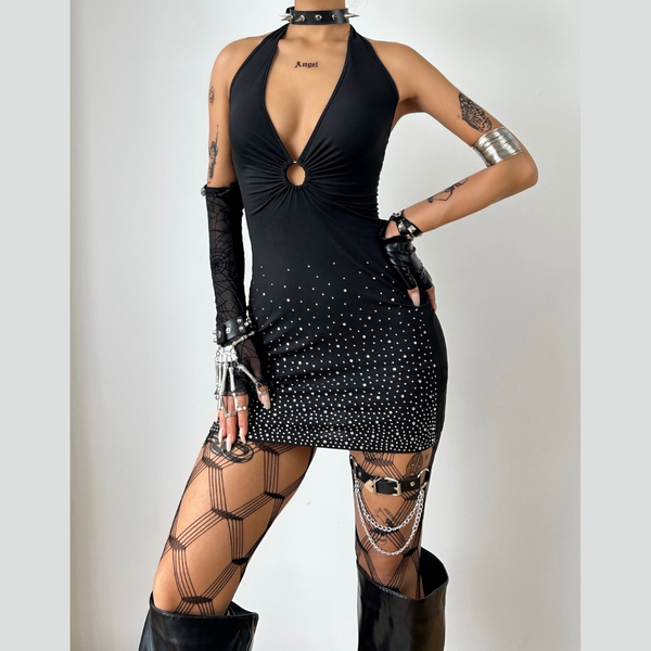 Halter self tie beaded ruched v neck mini dress