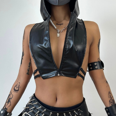 Hoodie zip-up PU leather hollow out top