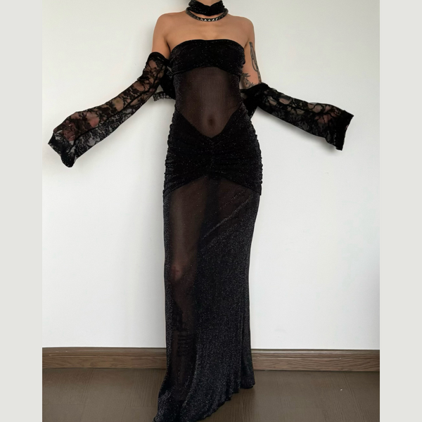 Sweetheart neck ruched see through glitter tube maxi dress