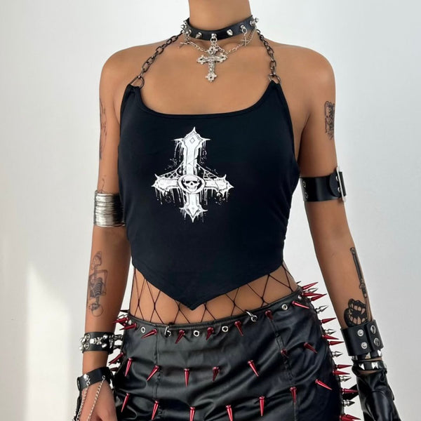 Metal chain halter u neck cross pattern top