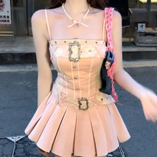 Square neck pleated buckle cami mini dress