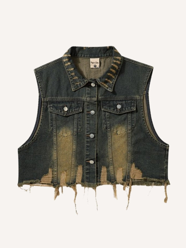 Distressed Frayed Hem Denim Vest
