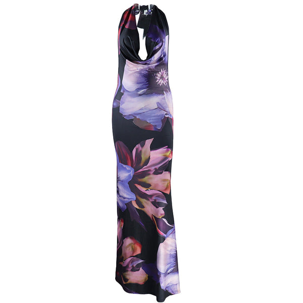 Halter cowl neck backless flower print maxi dress