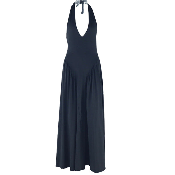 Halter v neck backless solid maxi dress