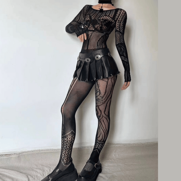 Long sleeve hollow out solid fishnet see through jumpsuit - Final Sale